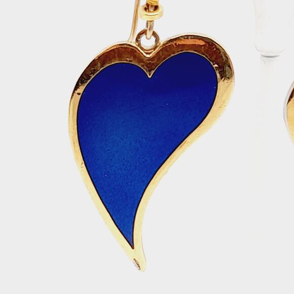 Vintage Laurel Burch Heart Dangle Earrings, Blue Enamel, Gold Plated, 2 Inches - Picture 4 of 10